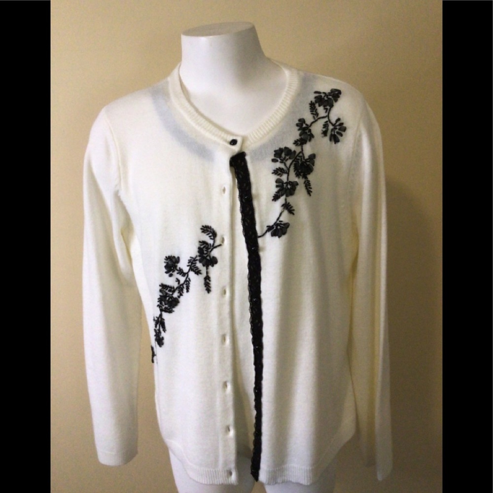 Petite Cream Color Sweater with Black Beading/Lace